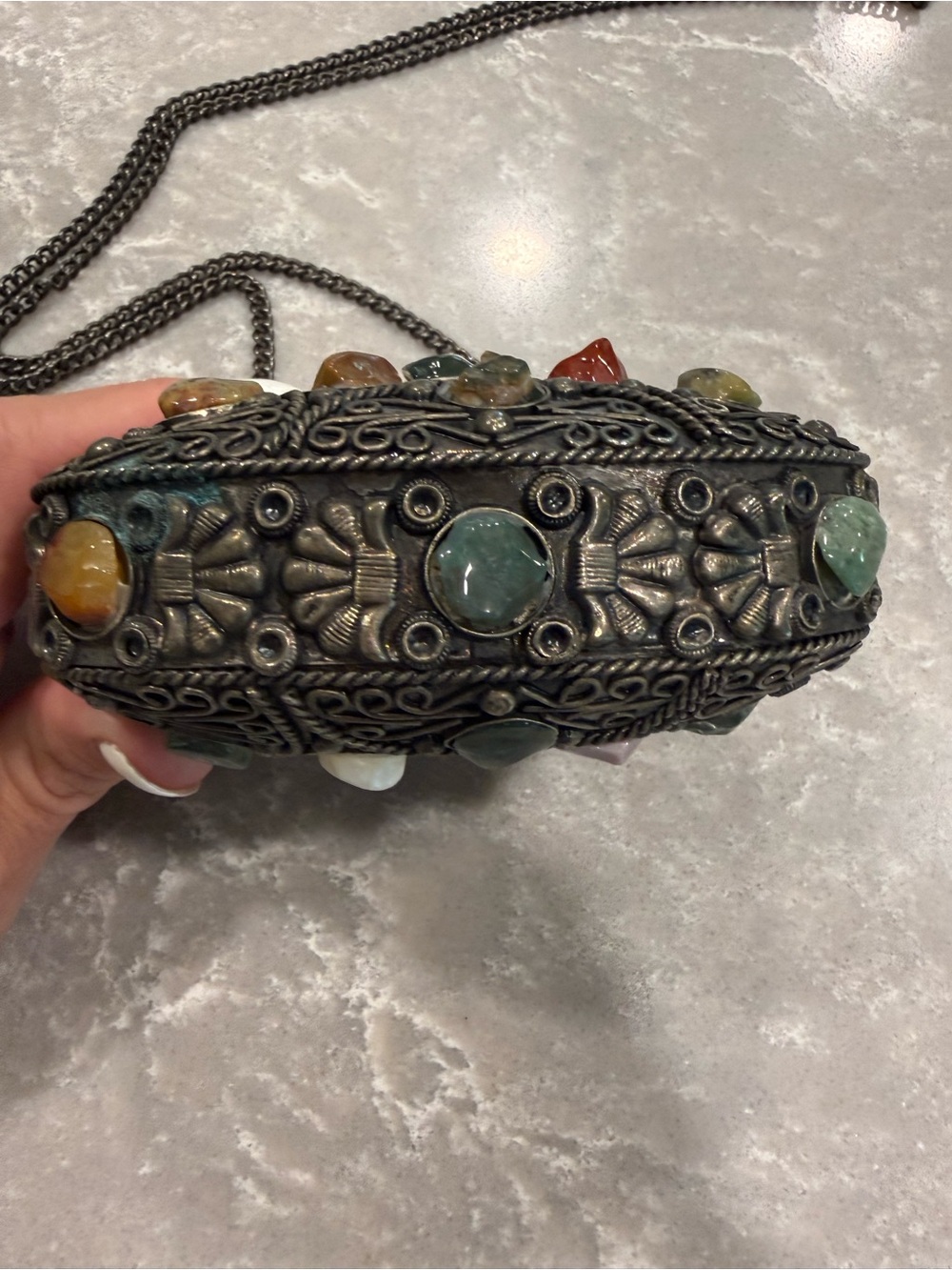 Vintage Indian Artisan Gemstone Metal Box Purse Filigree Crossbody Sajai - Picture 6 of 16